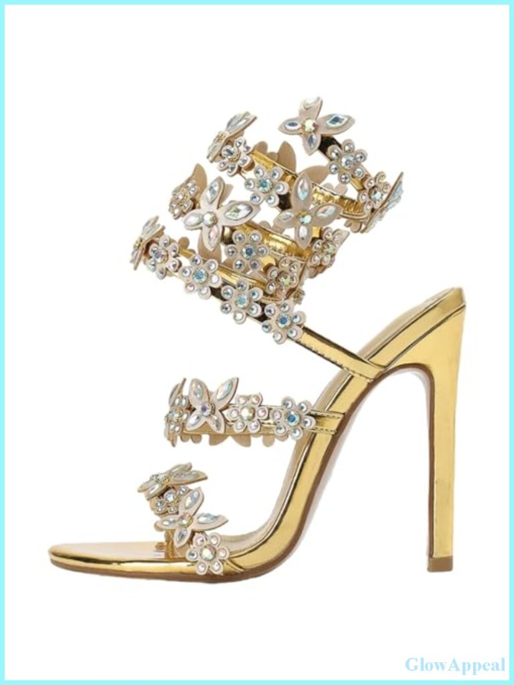 Diamante High Heels Sparkly Spiral Strap Heeled Sandals Faux Patent Leather